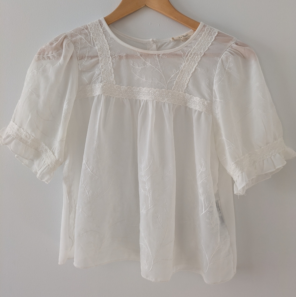 Rebellion White Sheer Embroidered Puff Sleeve Blouse
